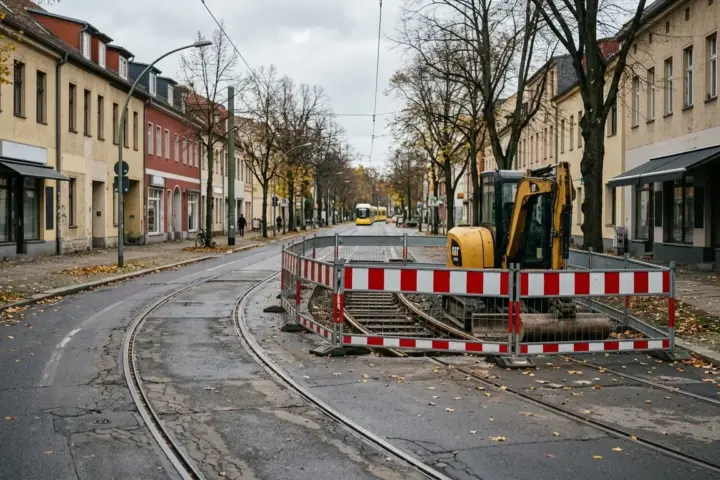 Gleisbaustelle mit rot-weißen Absperrgittern und kleinem Bagger auf einer Geschäftsstraße im Herbst.