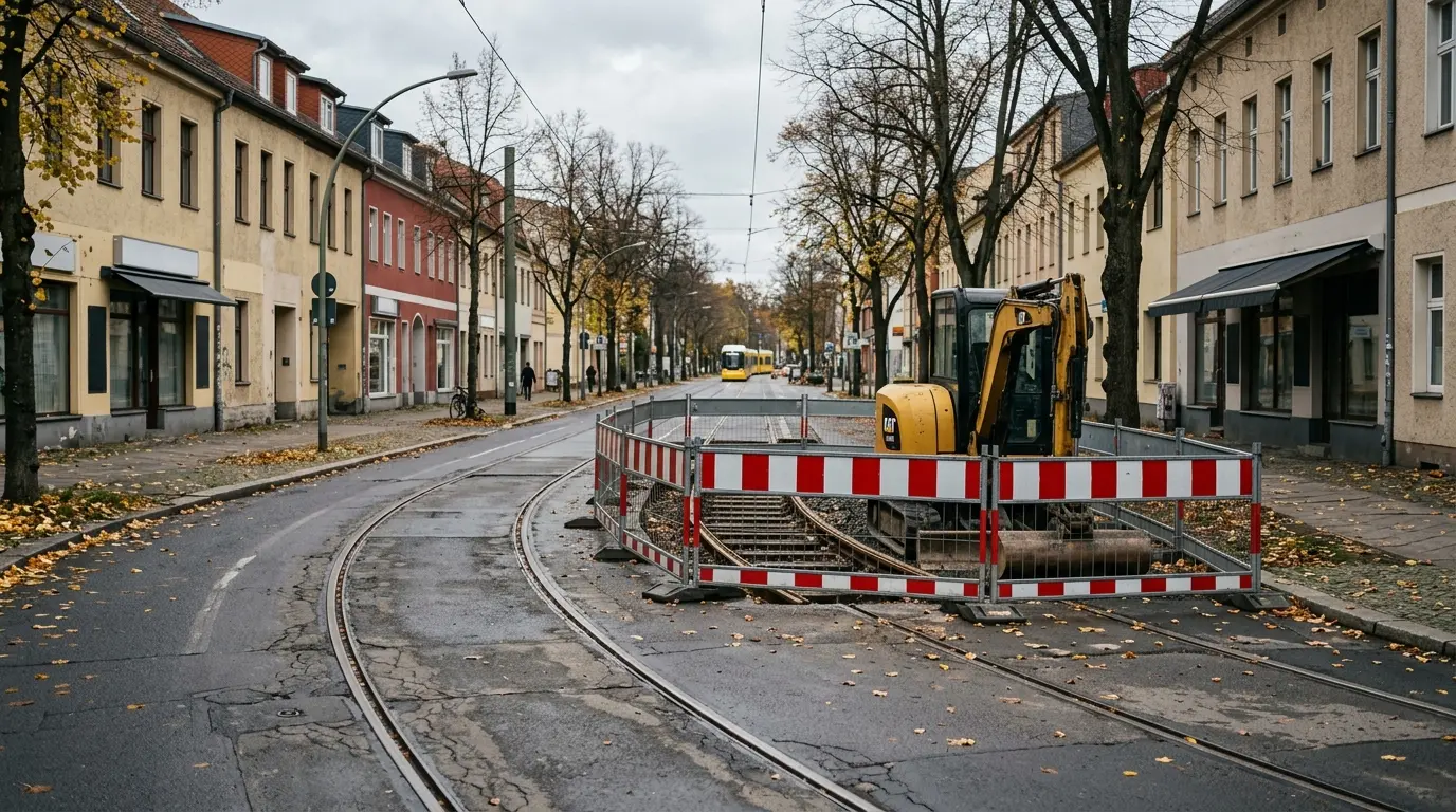 Gleisbaustelle mit rot-weißen Absperrgittern und kleinem Bagger auf einer Geschäftsstraße im Herbst.