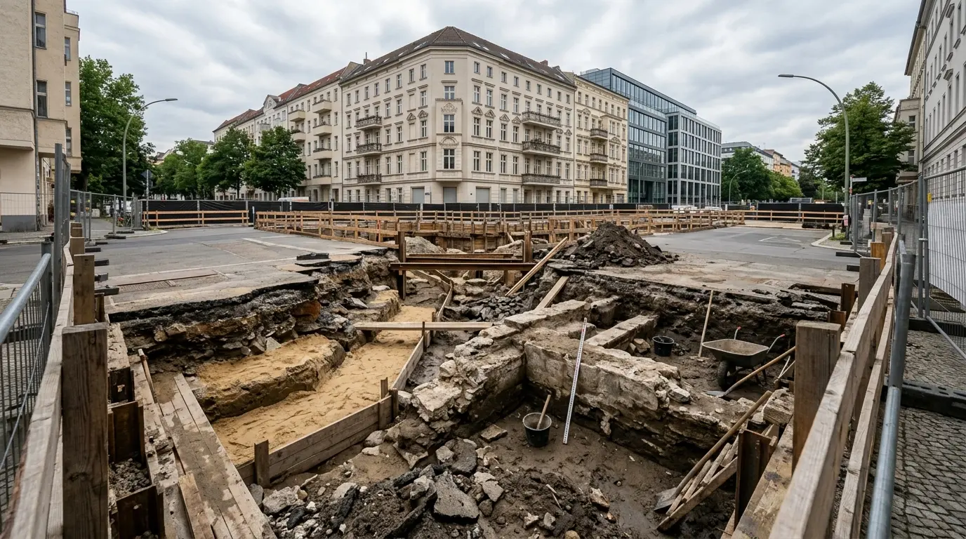 Freigelegte Betonfundamente und aufgerissener Asphalt in einer Baustellengrube an einer Straßenkreuzung.