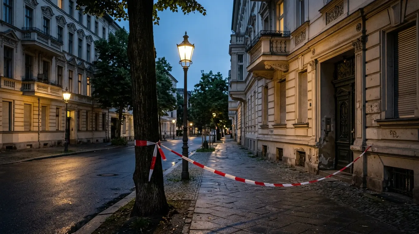 Eine verlassene Berliner Wohnstraße mit Altbauten und Bäumen in der Dämmerung, vorn unscharfes rot-weißes Absperrband.