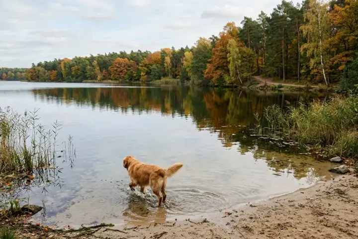 Ein Hund watet an einem sandigen Ufer in das ruhige Wasser eines von dichten Kiefern und Buchen gesäumten Waldsees.