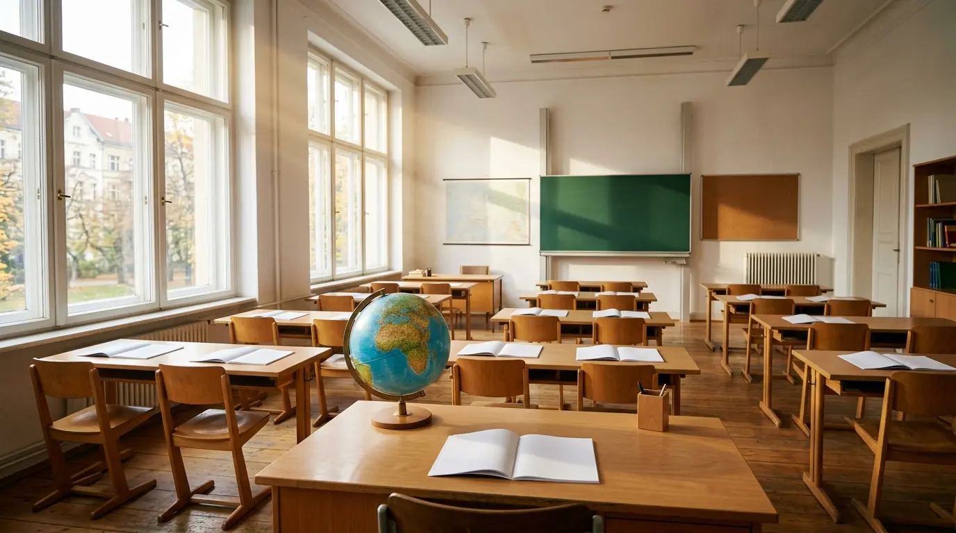 Sonnendurchfluteter Klassenraum mit Holzbänken, aufgeschlagenen Heften und einem Globus vor großen Fenstern.