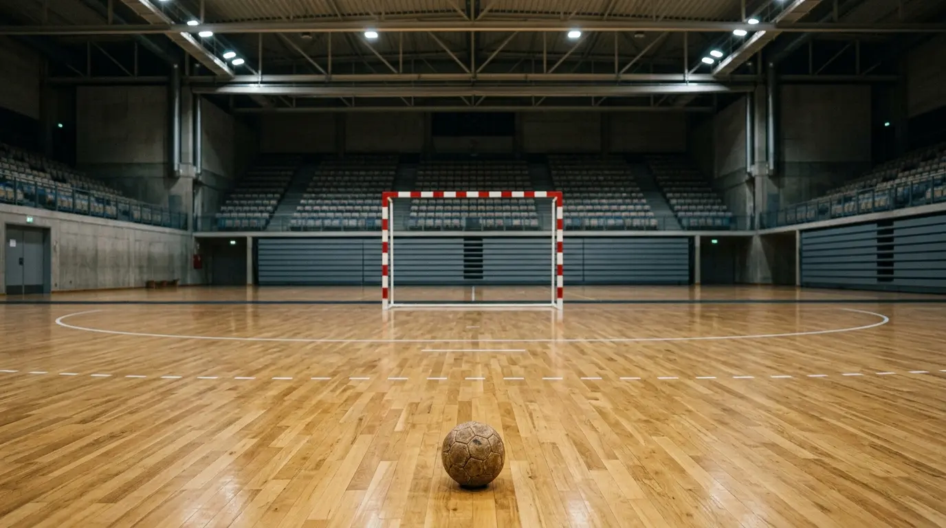 Ein Handball liegt auf dem glänzenden Hallenparkett vor einem rot-weiß gestreiften Tor einer leeren Sporthalle.