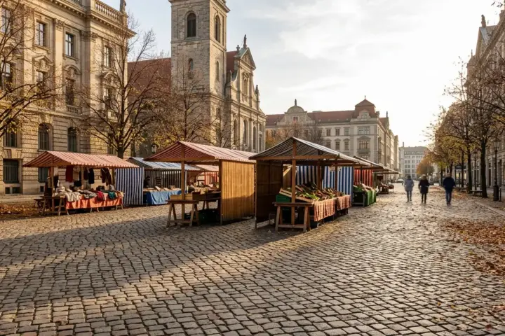 Marktstände auf einem Berliner Platz im sanften Herbstlicht mit buntem Laub auf dem Pflaster