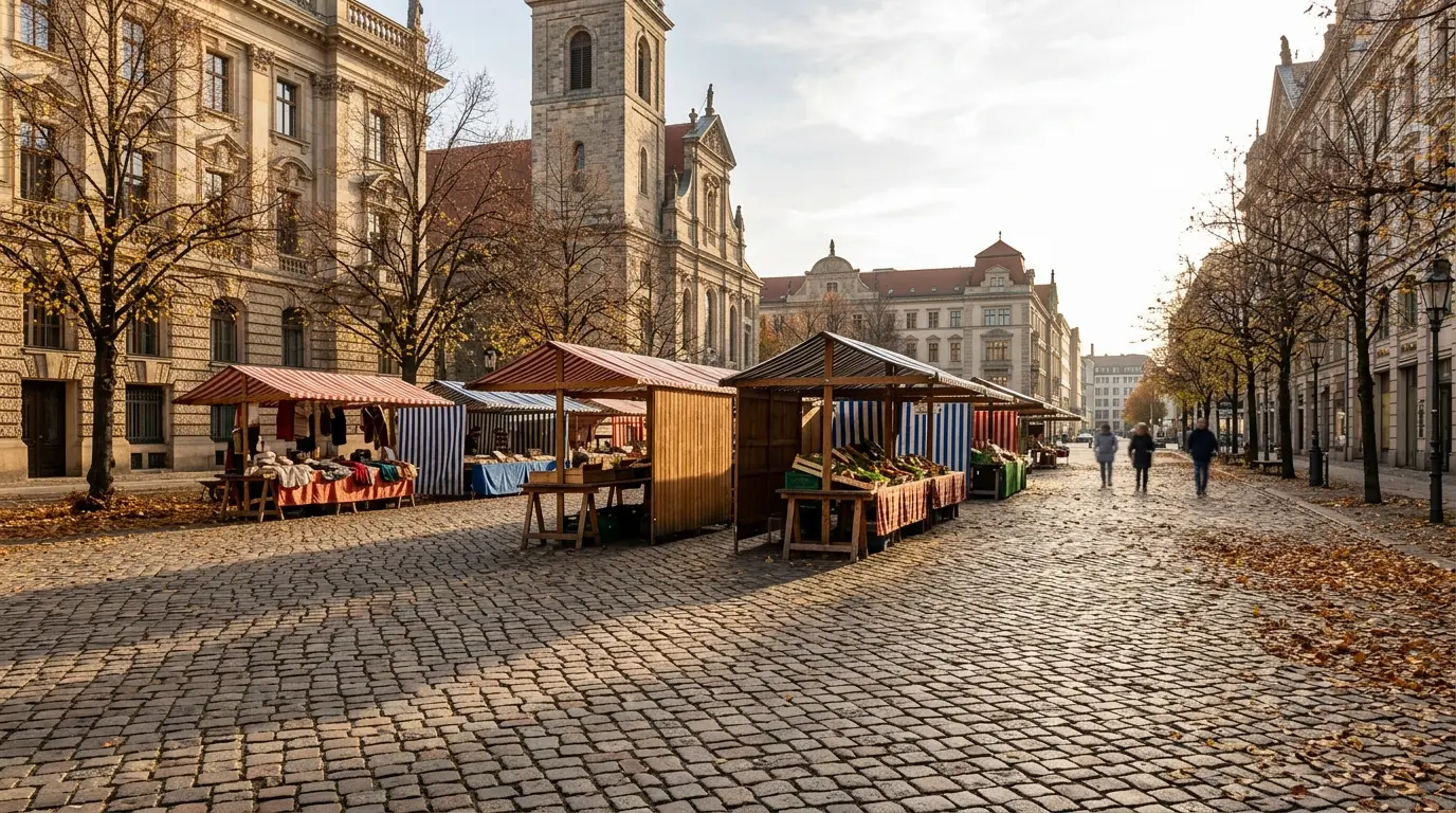 Marktstände auf einem Berliner Platz im sanften Herbstlicht mit buntem Laub auf dem Pflaster