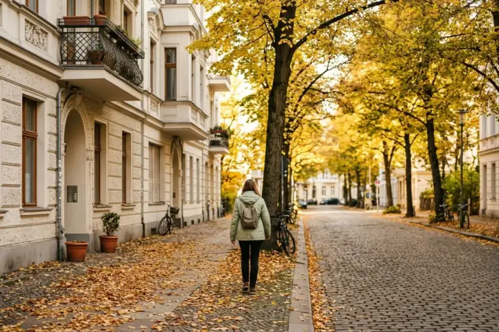 Sonnige Berliner Wohnstraße im Oktober mit herbstlich gefärbten Linden, trockenem Kopfsteinpflaster und Altbauten.