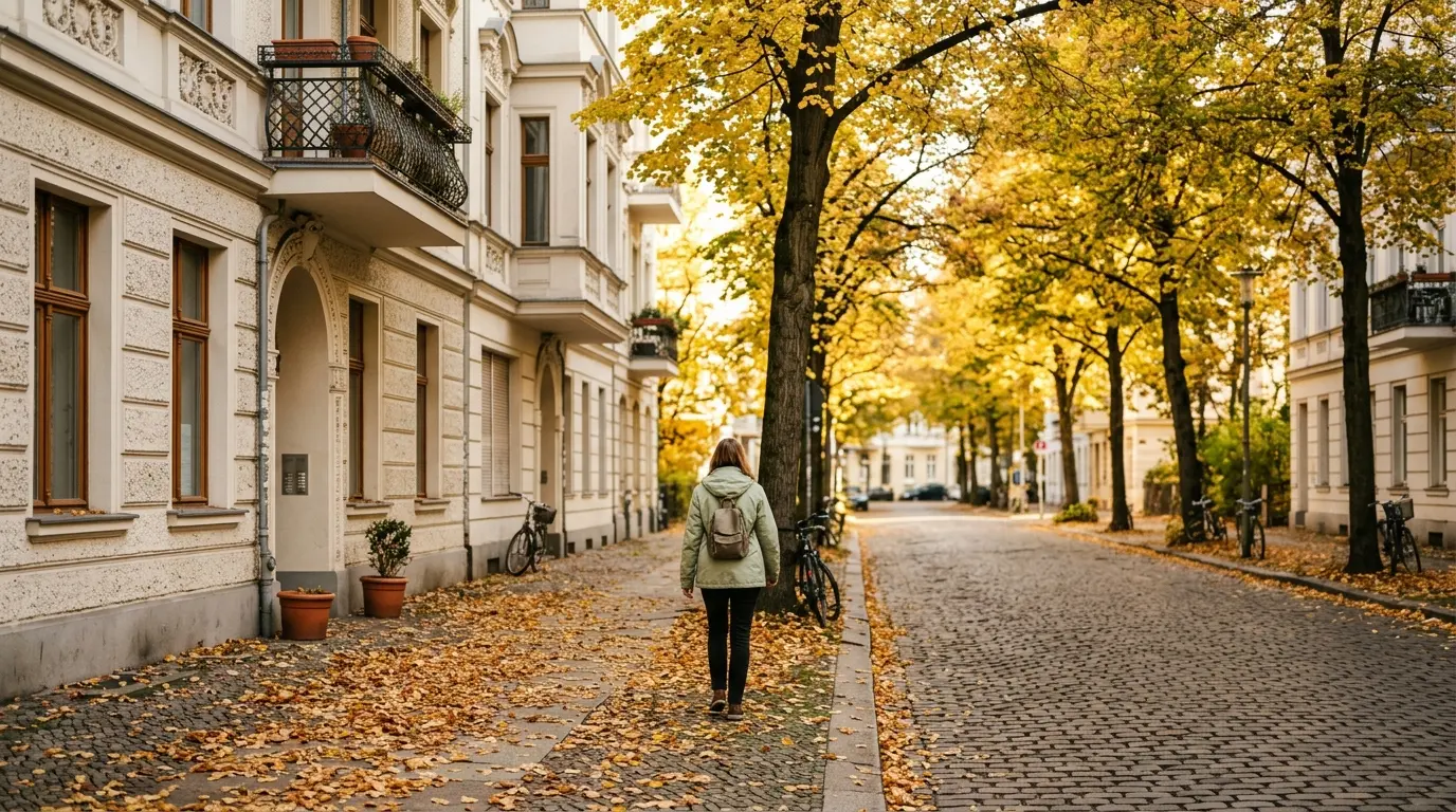 Sonnige Berliner Wohnstraße im Oktober mit herbstlich gefärbten Linden, trockenem Kopfsteinpflaster und Altbauten.