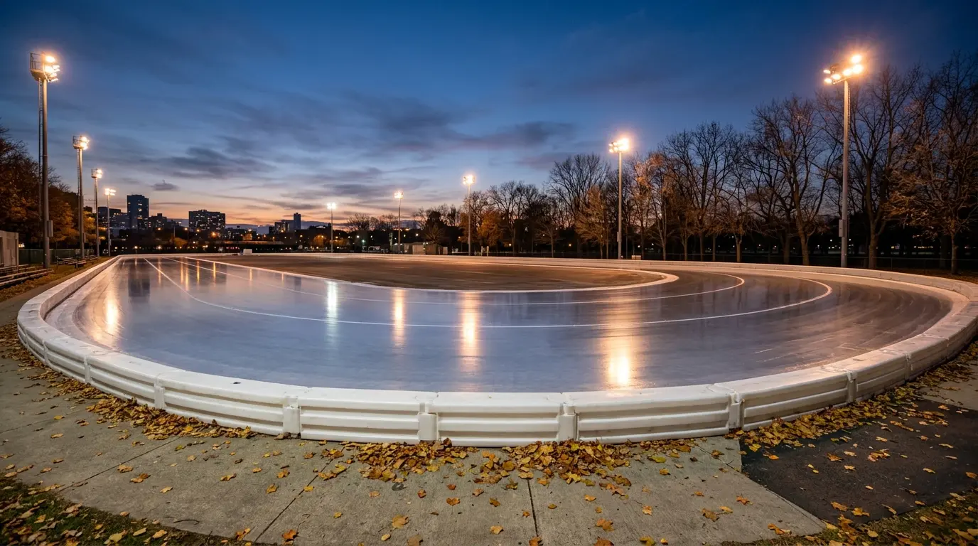 Glatte Eisbahn eines Freiluftstadions im Abendlicht unter Flutlichtern, gesäumt von herbstlichen Laubbäumen.