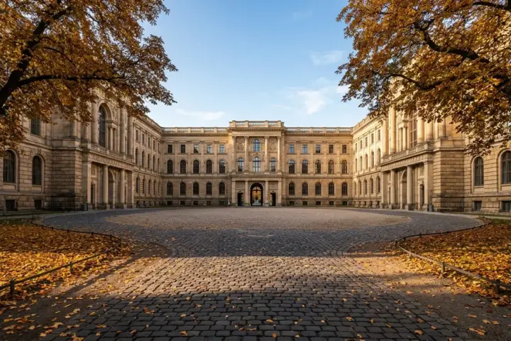 Sandsteinfassade und begrünter Innenhof eines historischen Universitätsgebäudes im sonnigen Herbstlicht.