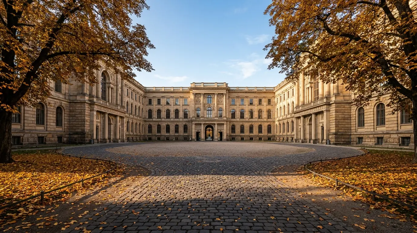 Sandsteinfassade und begrünter Innenhof eines historischen Universitätsgebäudes im sonnigen Herbstlicht.