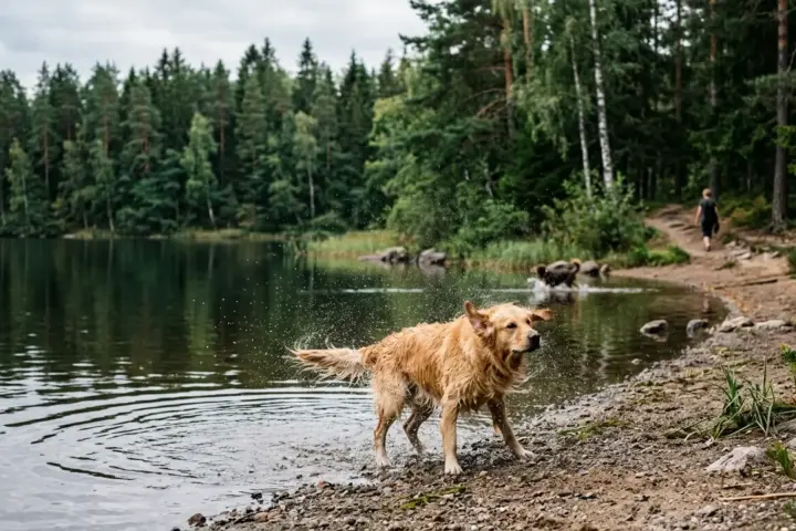 Ein nasser Hund schüttelt am sandigen Ufer eines bewaldeten Sees das Wasser aus dem Fell, im Hintergrund Bäume.