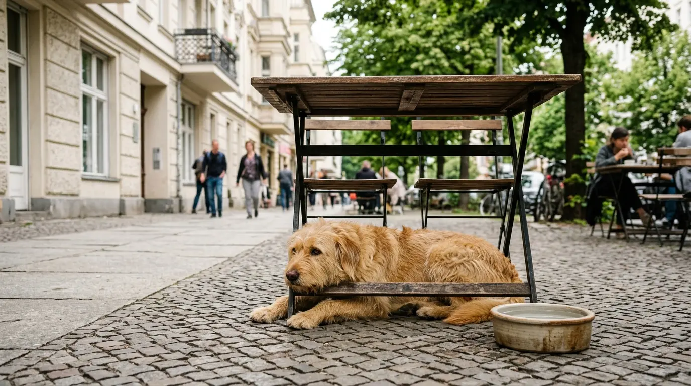 Ein Hund liegt entspannt unter einem Holztisch vor einem Berliner Straßencafé neben einem Wassernapf auf dem Gehweg.