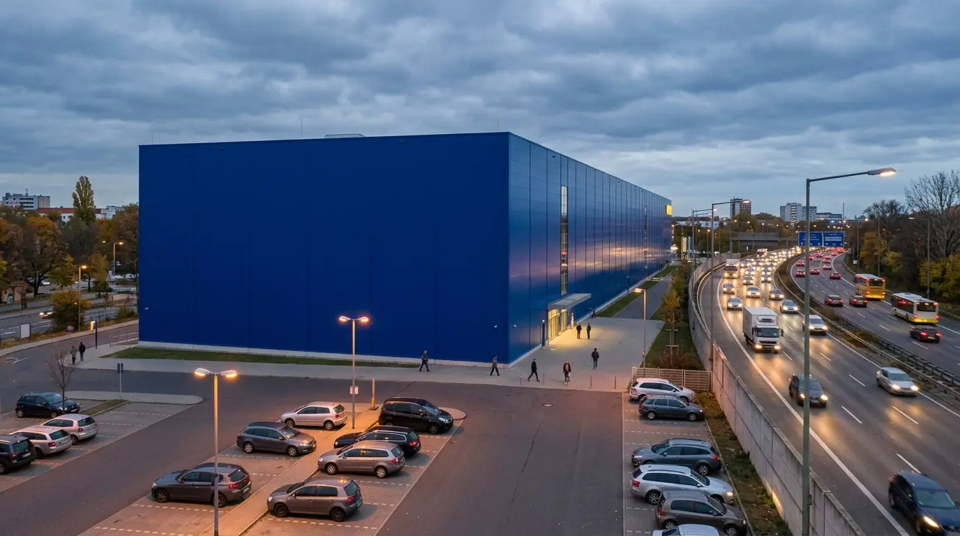 Großes blaues Möbelhaus am Sachsendamm in Berlin-Tempelhof in der Abenddämmerung mit asphaltiertem Parkplatz.