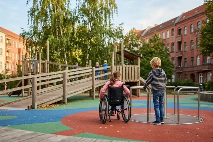 Ebenerdiger Spielplatz mit buntem Gummiboden, flachen Holzrampen und einem bodengleichen Karussell vor Stadtbäumen.