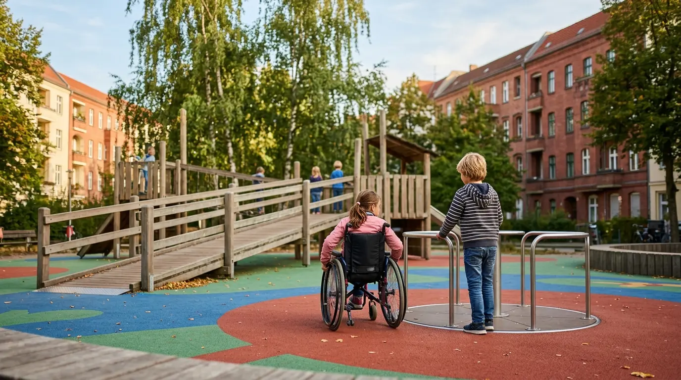Ebenerdiger Spielplatz mit buntem Gummiboden, flachen Holzrampen und einem bodengleichen Karussell vor Stadtbäumen.