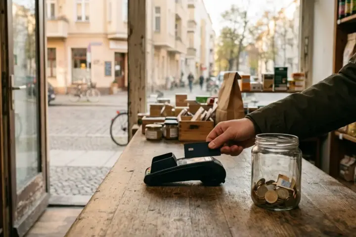 Eine Hand hält eine Bezahlkarte an ein Lesegerät auf einem Holztresen neben einem Glas voller Münzen.