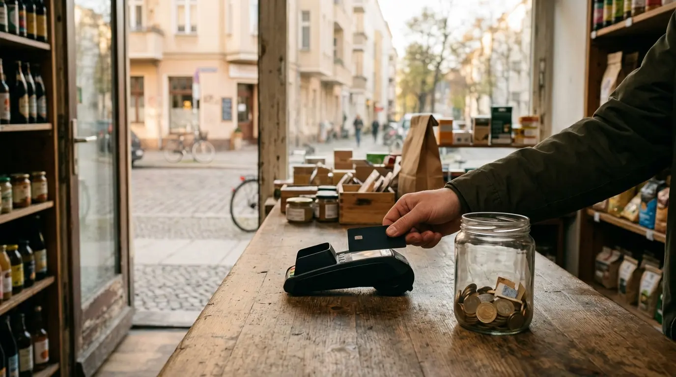 Eine Hand hält eine Bezahlkarte an ein Lesegerät auf einem Holztresen neben einem Glas voller Münzen.