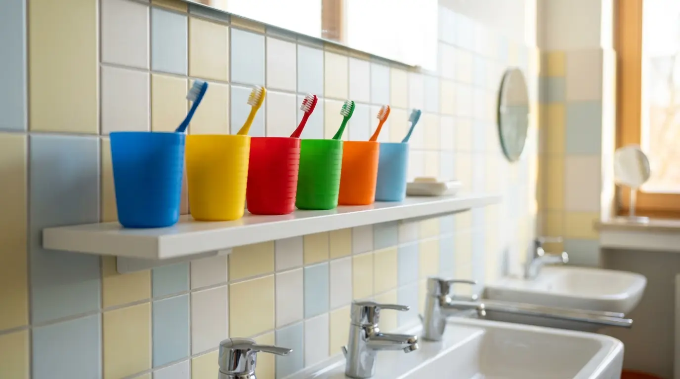 Bunte Becher mit Kinderzahnbürsten stehen auf einer Ablage über einem Waschbecken im hellen Waschraum.