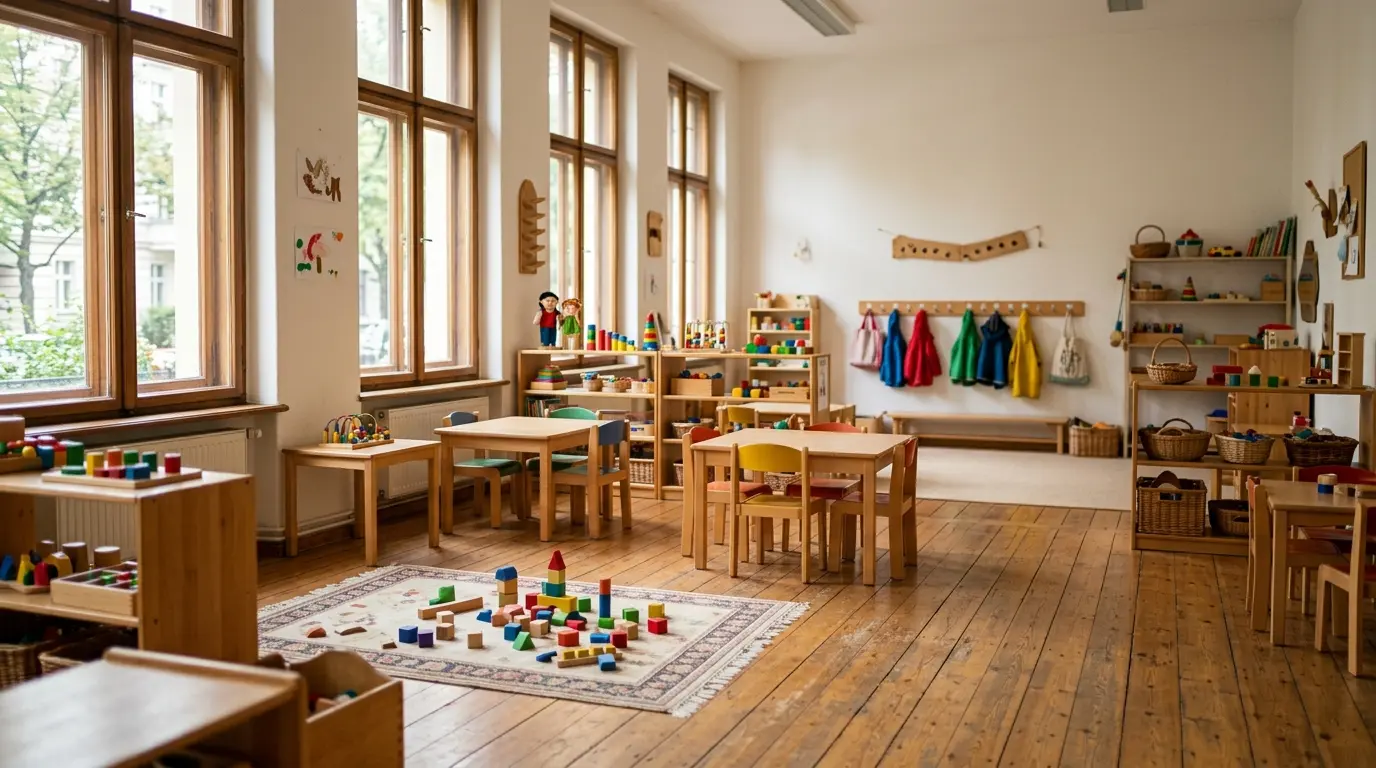 Leerer Kita-Gruppenraum mit kleinen Holztischen, Holzbausteinen auf dem Teppich und Kinderjacken an der Garderobe.
