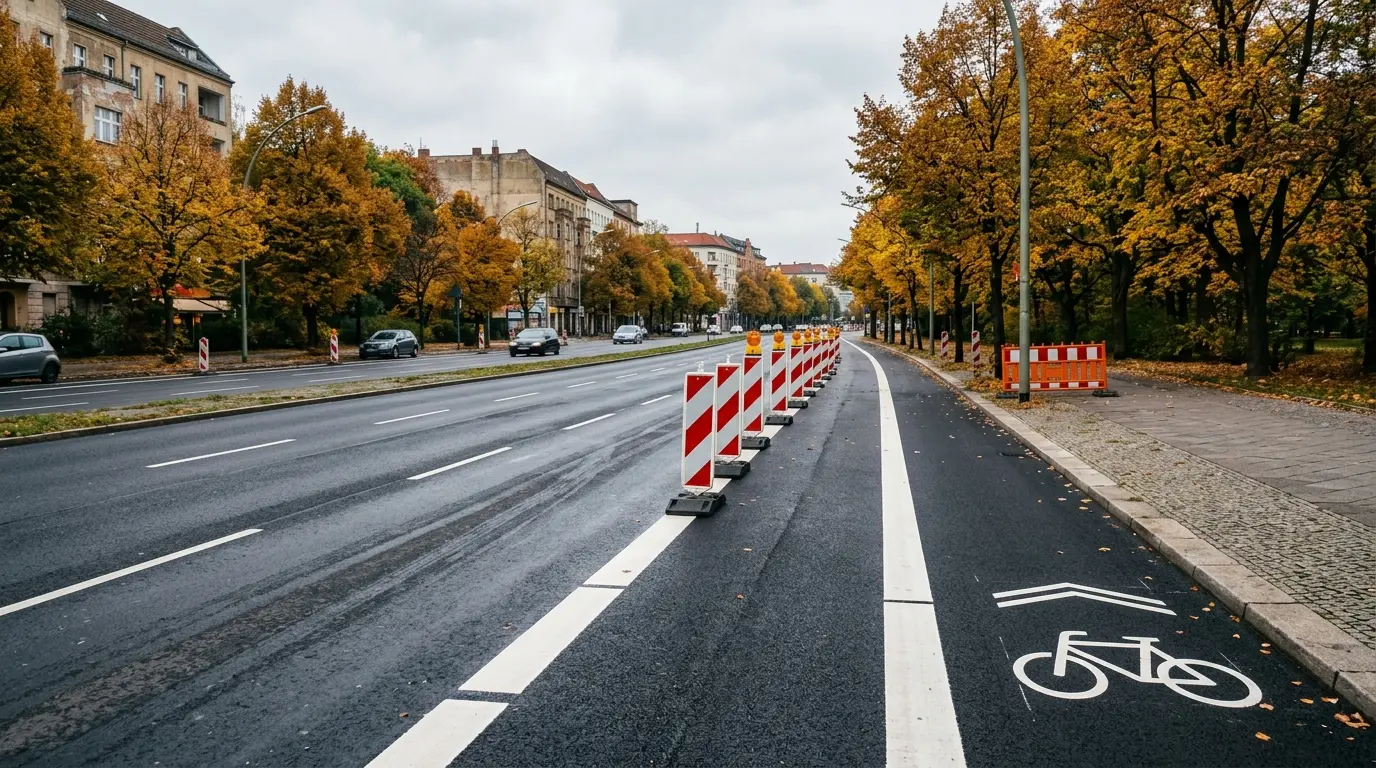 Vierspurige Straße im Berliner Herbst mit frisch markiertem Radstreifen und rot-weißen Baustellenbaken am Fahrbahnrand.