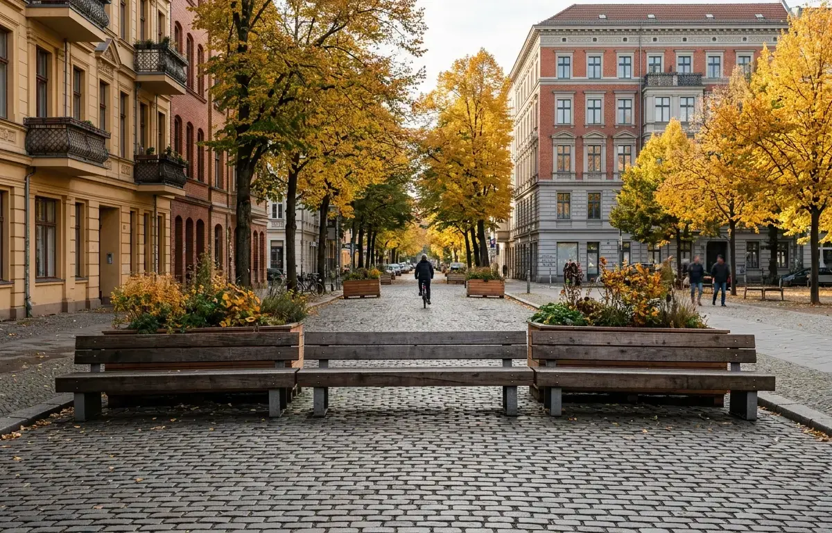 Holzbänke sperren eine Kopfsteinpflasterstraße zwischen Altbauten in Berlin, im Hintergrund ein Radfahrer im Herbst.