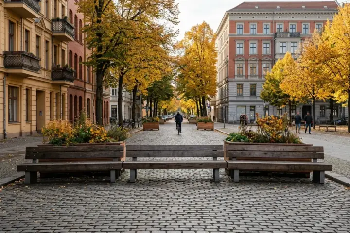 Holzbänke sperren eine Kopfsteinpflasterstraße zwischen Altbauten in Berlin, im Hintergrund ein Radfahrer im Herbst.
