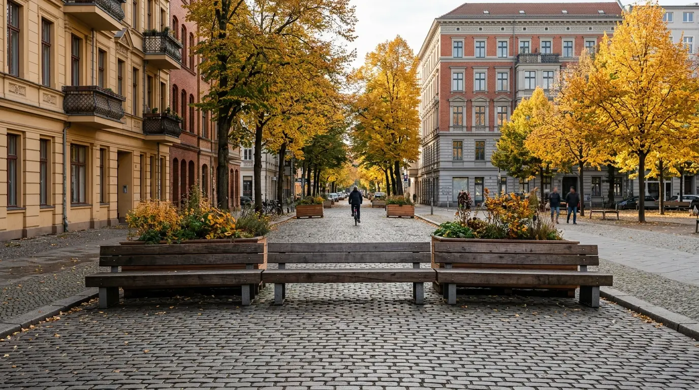 Holzbänke sperren eine Kopfsteinpflasterstraße zwischen Altbauten in Berlin, im Hintergrund ein Radfahrer im Herbst.