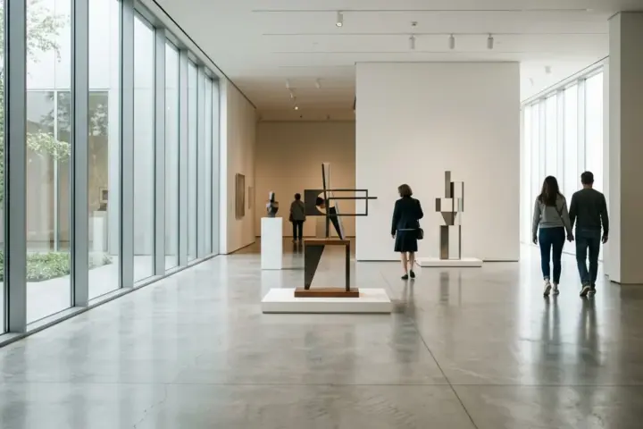 Helle Galerie in einem modernen Berliner Museum mit Skulpturen und Besuchern von hinten im Hintergrund.
