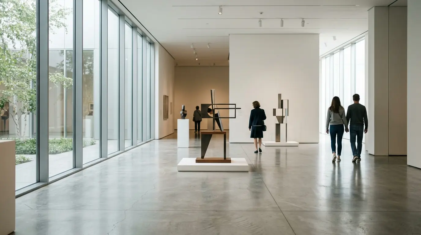 Helle Galerie in einem modernen Berliner Museum mit Skulpturen und Besuchern von hinten im Hintergrund.