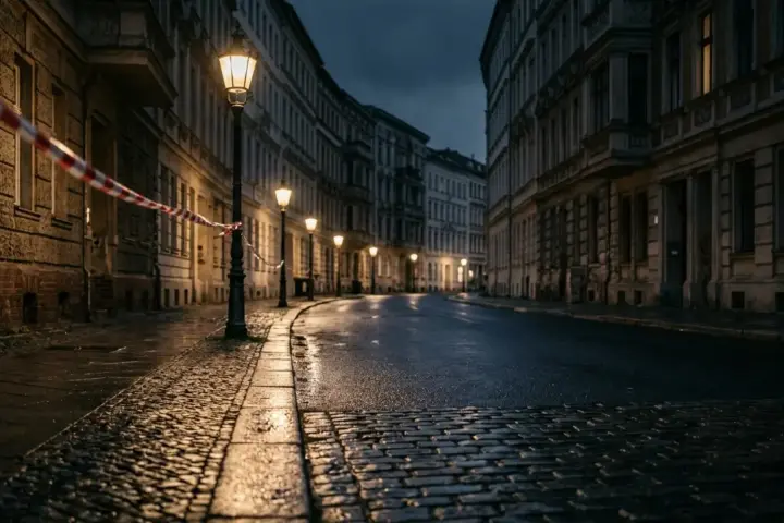 Ein nasser Bürgersteig aus Kopfsteinpflaster vor Altbaufassaden bei Nacht, beleuchtet von warmem Laternenlicht.