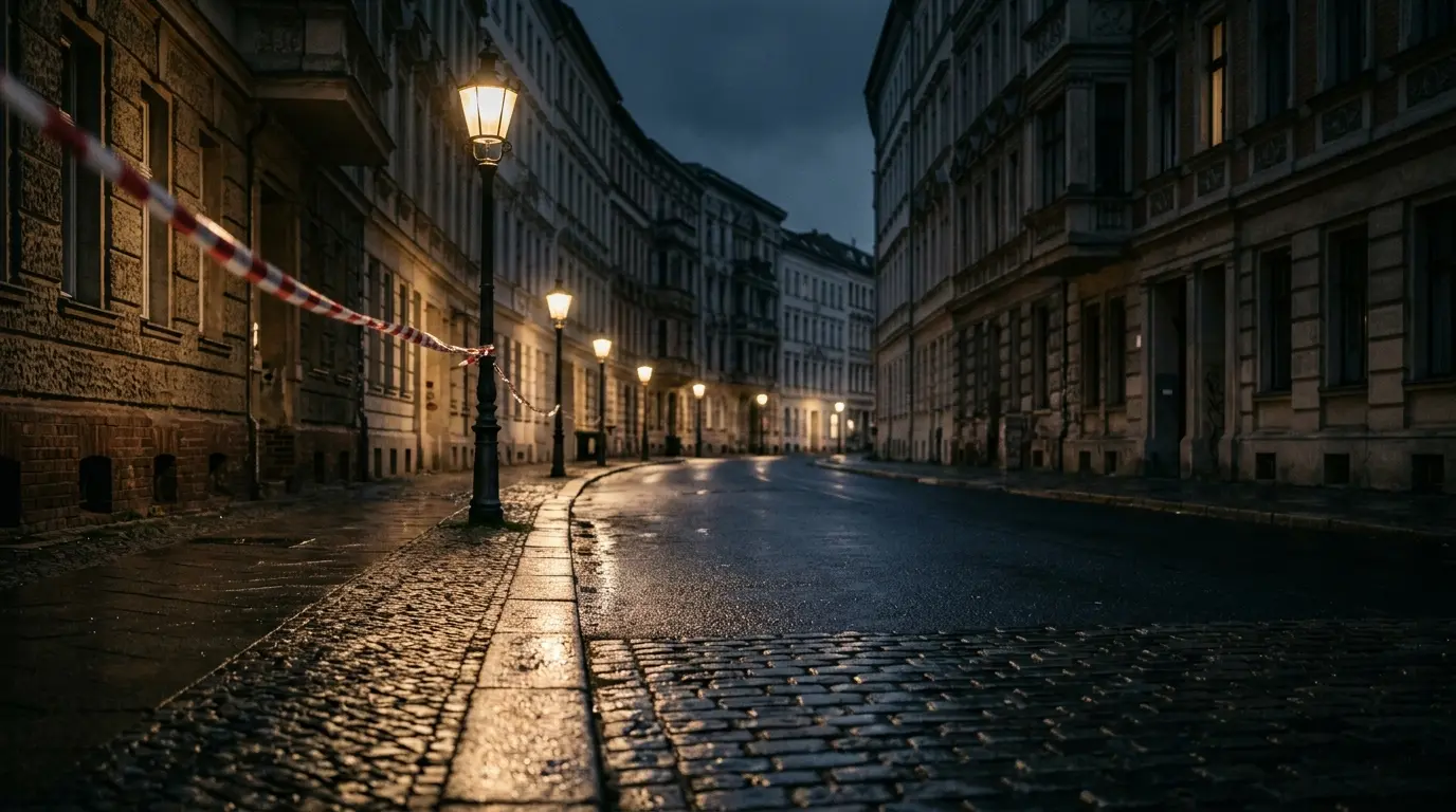 Ein nasser Bürgersteig aus Kopfsteinpflaster vor Altbaufassaden bei Nacht, beleuchtet von warmem Laternenlicht.