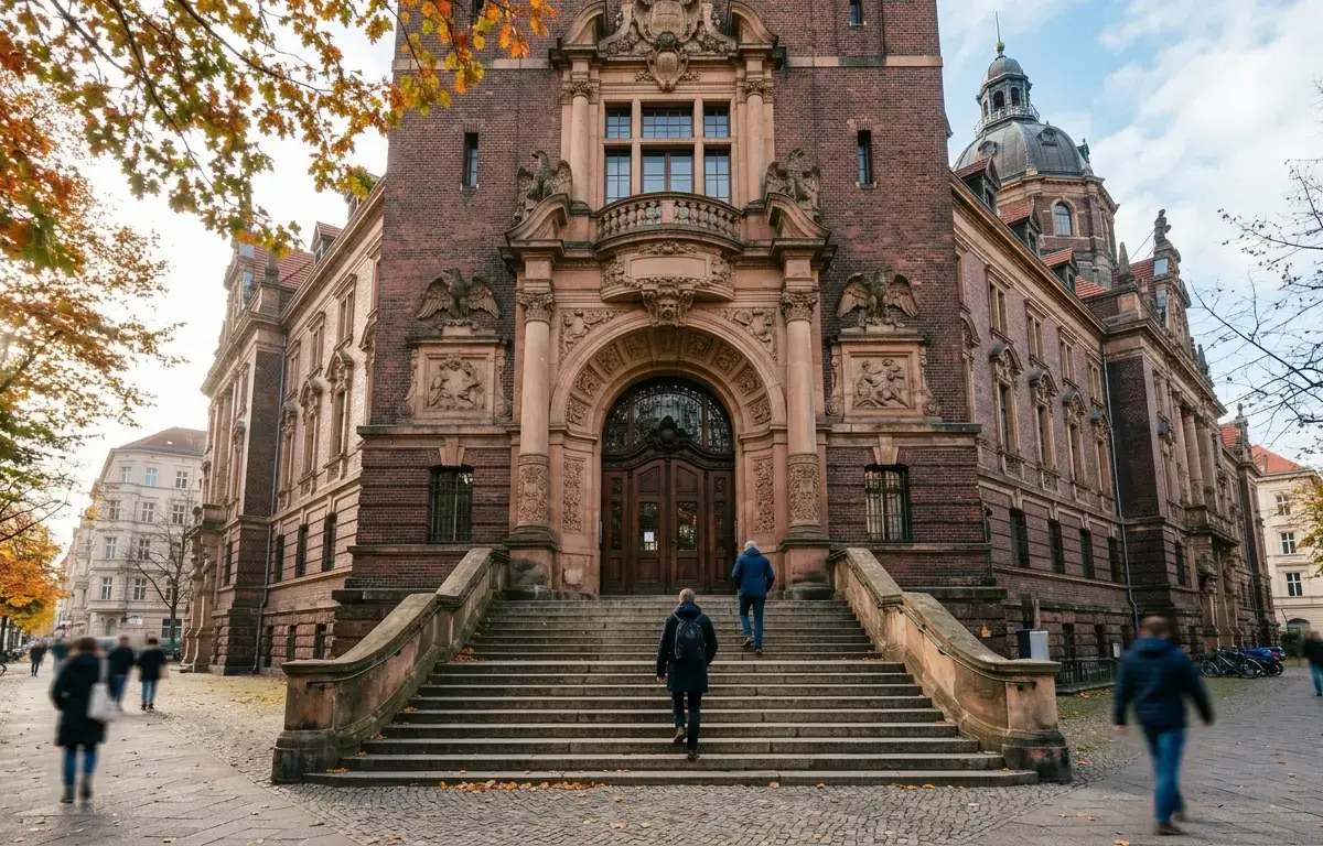 Monumentale Steinfassade eines historischen Gerichtsgebäudes mit Treppenaufgang und Besuchern von hinten.