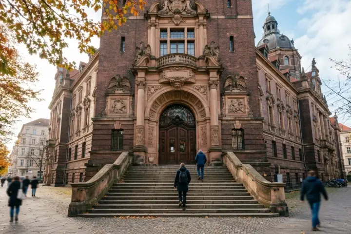 Monumentale Steinfassade eines historischen Gerichtsgebäudes mit Treppenaufgang und Besuchern von hinten.