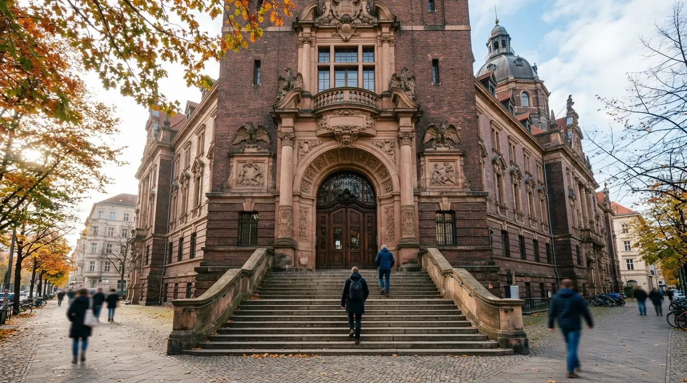 Monumentale Steinfassade eines historischen Gerichtsgebäudes mit Treppenaufgang und Besuchern von hinten.