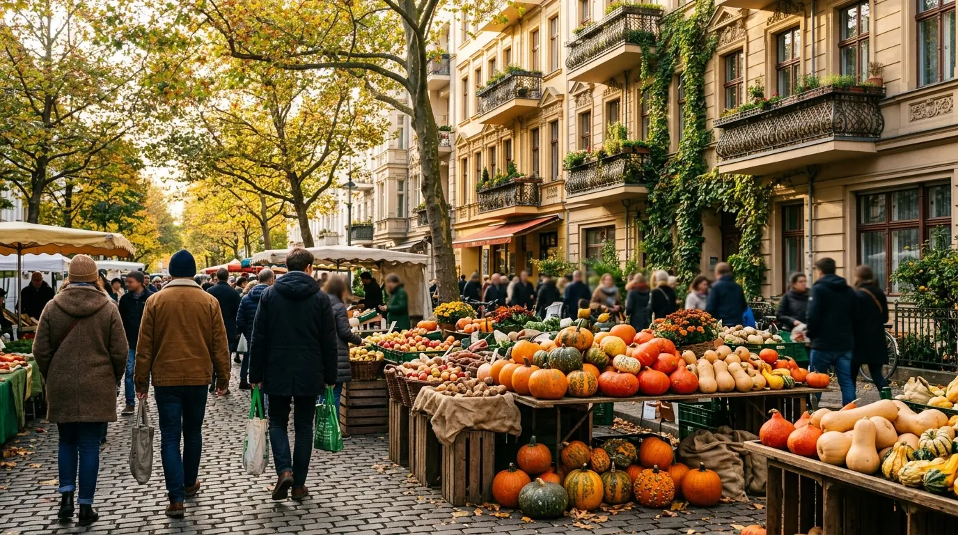 Hunderte bunte Kürbisse liegen in Holzkisten auf Kopfsteinpflaster vor Berliner Altbaufassaden.