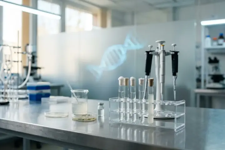 Reagenzgläser im Ständer und Laborpipetten auf einem Edelstahltisch vor blauer Helixstruktur bei Crispr an der Charité.