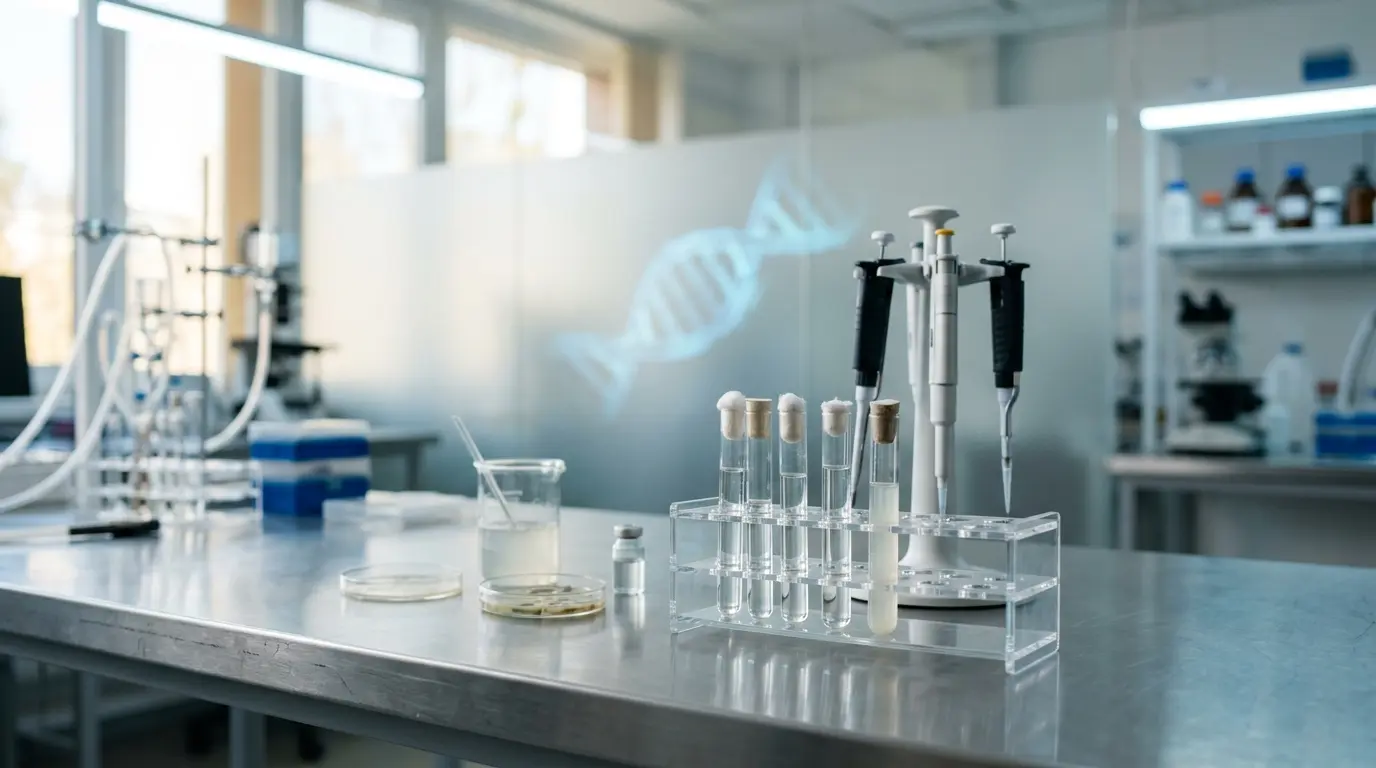 Reagenzgläser im Ständer und Laborpipetten auf einem Edelstahltisch vor blauer Helixstruktur bei Crispr an der Charité.