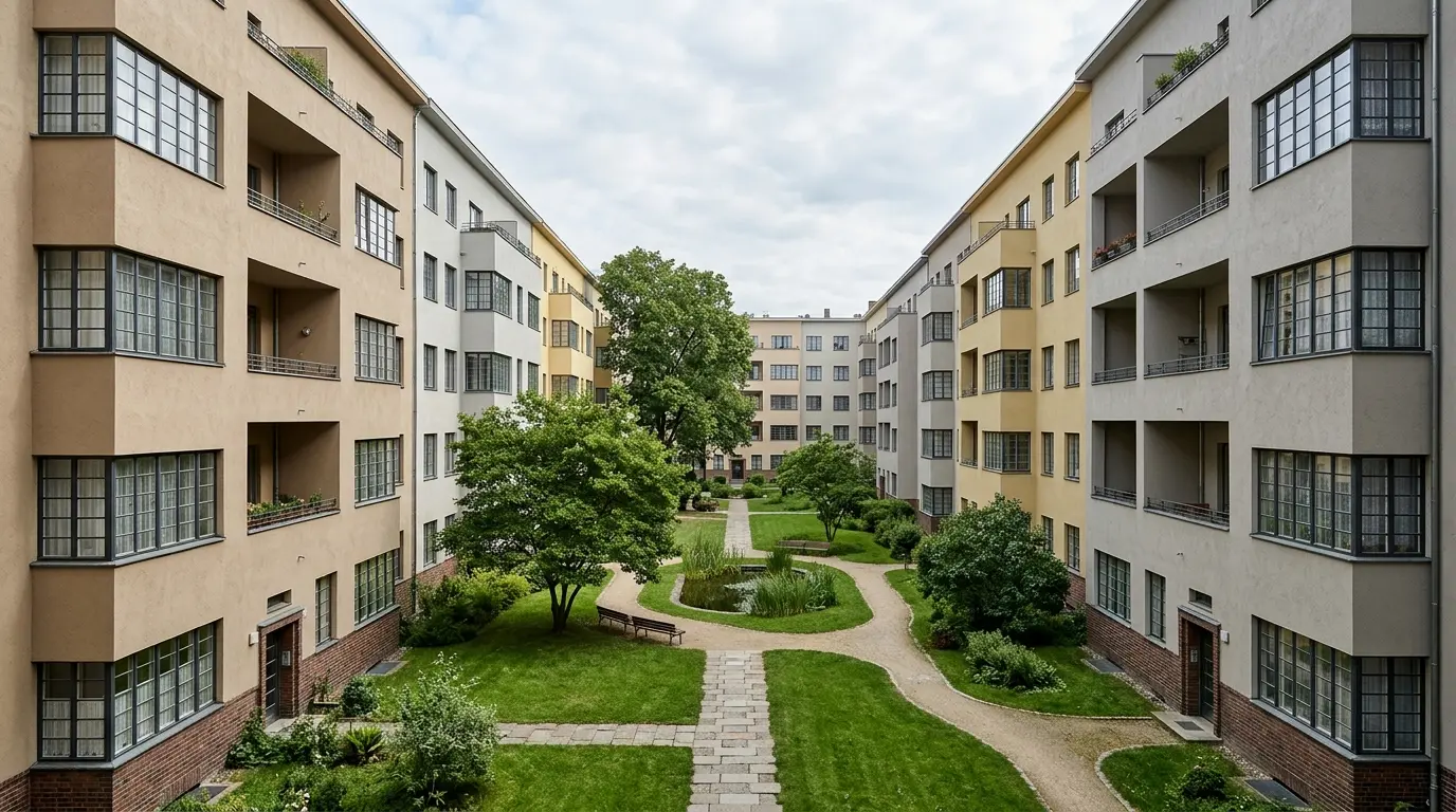 Sanierte Wohngebäude aus den 1920er-Jahren mit Balkonen und grünem Innenhof im weichen Tageslicht.