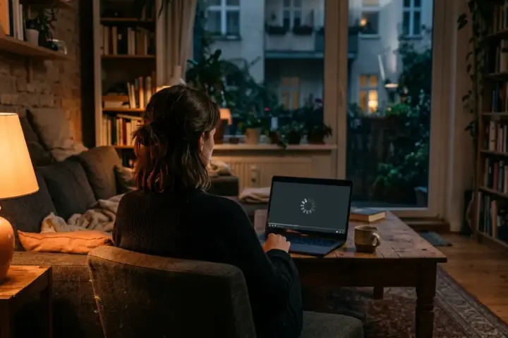Rückenansicht einer Person vor einem Laptop mit stockendem Video auf dem Couchtisch im Wohnzimmer.