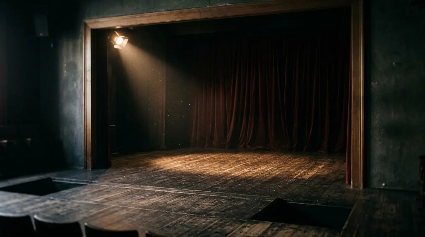 Leere hölzerne Theaterbühne mit seitlichem warmem Scheinwerferkegel und dunklem Samtvorhang im Hintergrund.