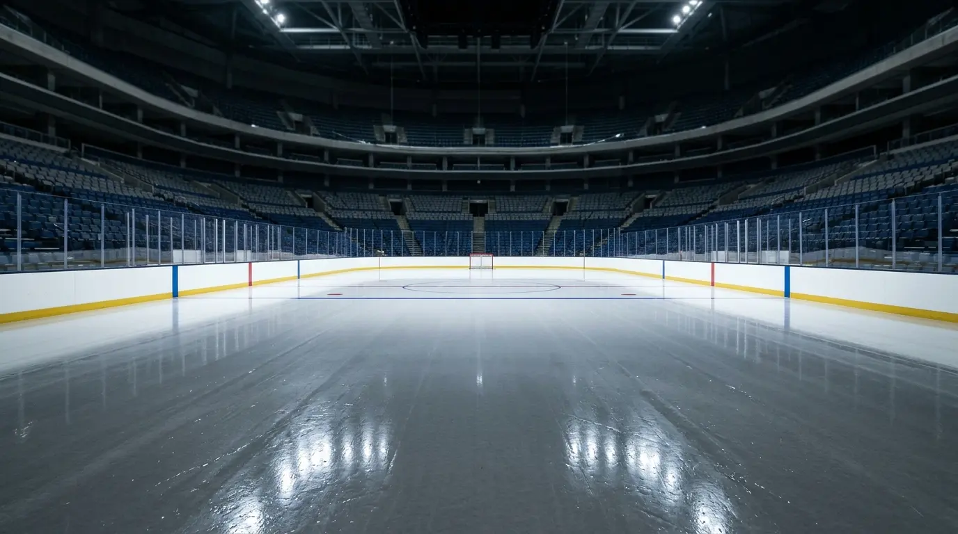 Leere, spiegelnde Eisfläche in einer beleuchteten Eishalle mit unbesetzten Rängen im Hintergrund.