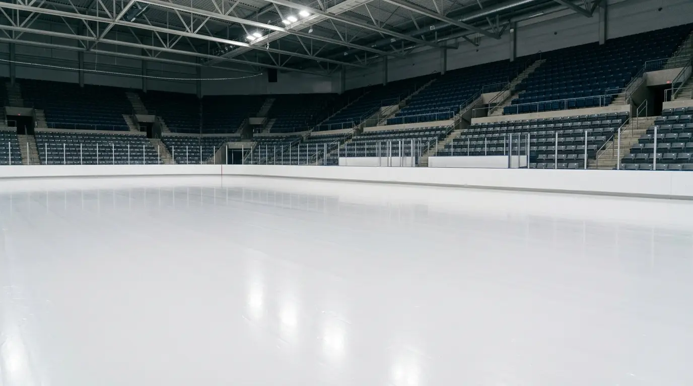 Glatte, unberührte Eisfläche in einer menschenleeren Eishalle mit leeren Tribünenrängen im Hintergrund.