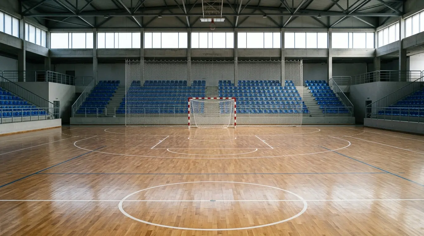 Leeres Hallenparkett mit bunten Spielfeldlinien und einem Handballtor in einer weitläufigen Sporthalle.
