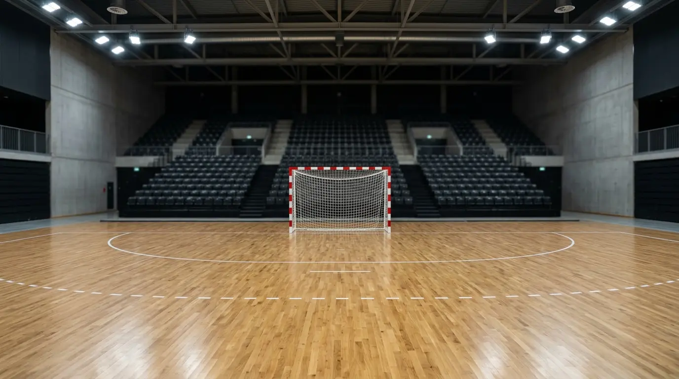 Leere Handballhalle mit lackiertem Holzparkett, Spielfeldmarkierungen, weiß-rotem Tor und dunklen Zuschauertribünen.