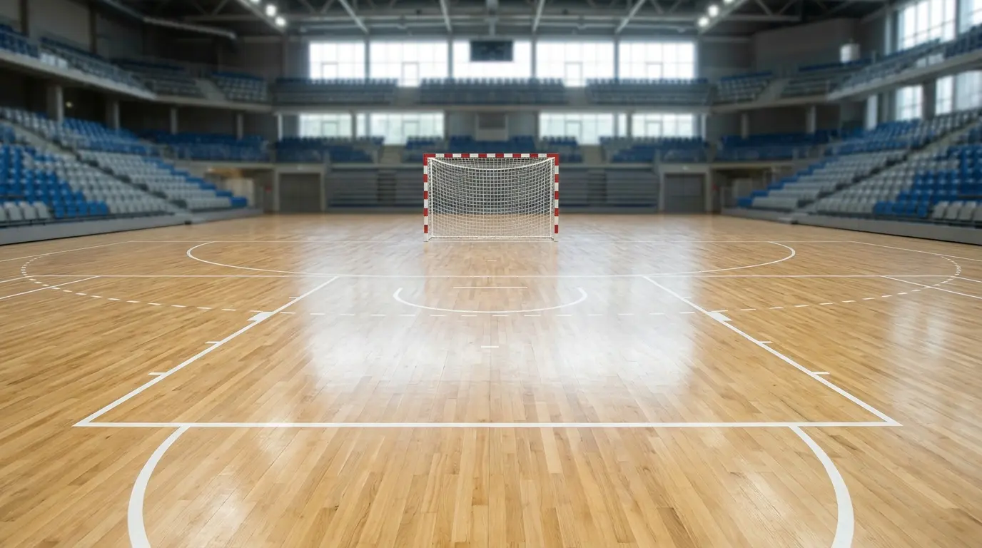Leeres Handballfeld mit Parkettboden und einem Tor mit rot-weißem Rahmen vor verwaisten Tribünenrängen.