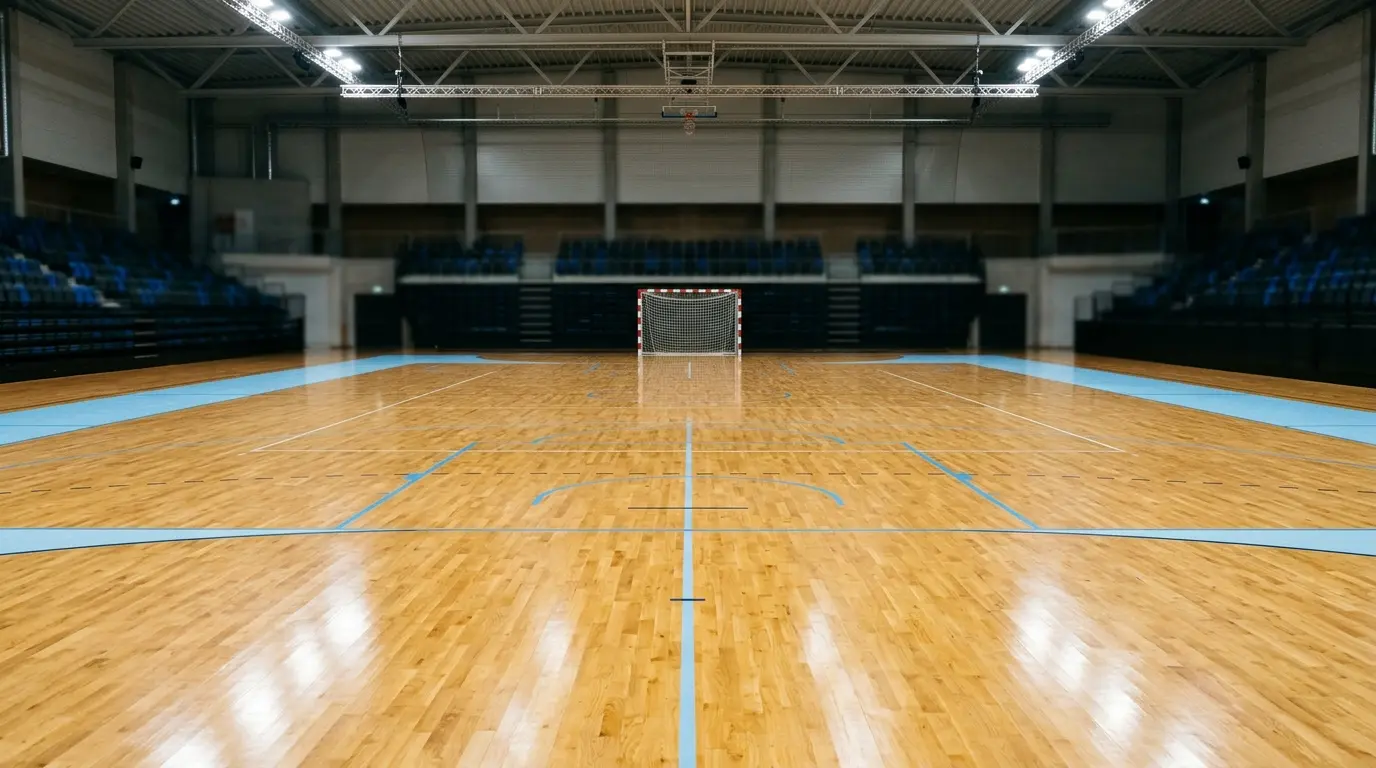 Hallenparkett mit Spielfeldmarkierungen und Handballtor in einer leeren, beleuchteten Sporthalle