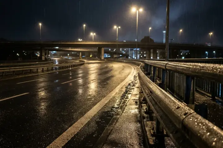 Leere, nasse Fahrbahn einer Stadtautobahn bei Nacht mit reflektierenden Straßenlaternen und feuchter Leitplanke.
