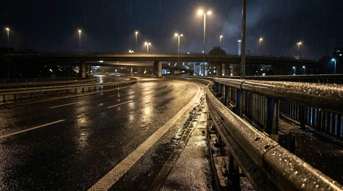 Leere, nasse Fahrbahn einer Stadtautobahn bei Nacht mit reflektierenden Straßenlaternen und feuchter Leitplanke.
