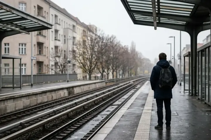 Verwaister oberirdischer Bahnsteig an einem grauen Morgen mit glänzenden Gleisen und einer wartenden Person von hinten.