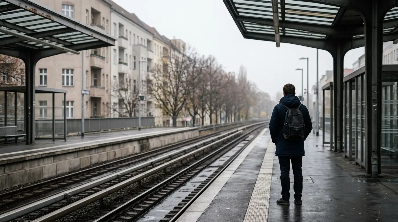 Verwaister oberirdischer Bahnsteig an einem grauen Morgen mit glänzenden Gleisen und einer wartenden Person von hinten.